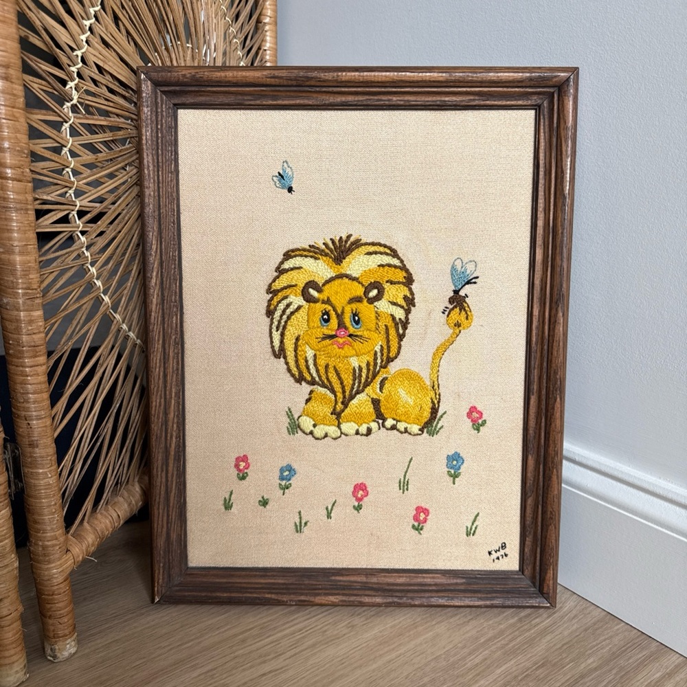 MCM Vintage Crewel Lion Embroidery Art
